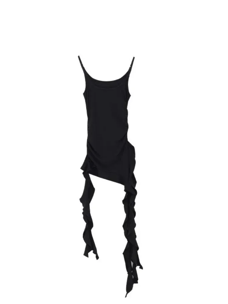 Asymmetrical Black Ruffle Tank Tops Women Y2k Grunge Hotsweet Sexy Elegant Backless Camisoles Korean Streetwear Punk
