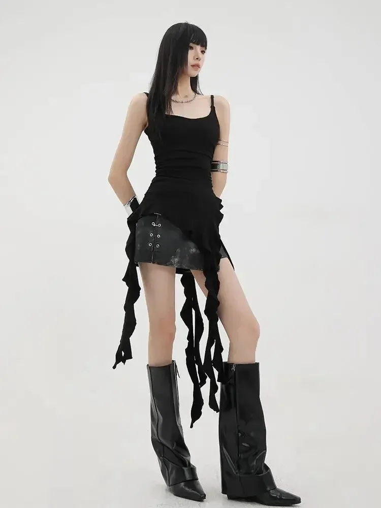 Asymmetrical Black Ruffle Tank Tops Women Y2k Grunge Hotsweet Sexy Elegant Backless Camisoles Korean Streetwear Punk