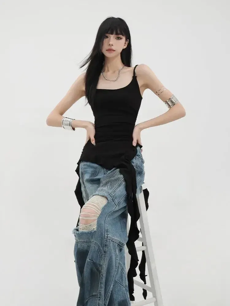 Asymmetrical Black Ruffle Tank Tops Women Y2k Grunge Hotsweet Sexy Elegant Backless Camisoles Korean Streetwear Punk
