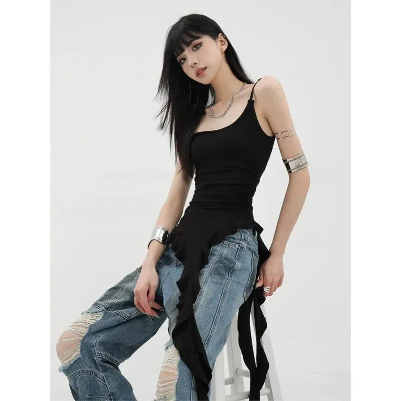 Asymmetrical Black Ruffle Tank Tops Women Y2k Grunge Hotsweet Sexy Elegant Backless Camisoles Korean Streetwear Punk