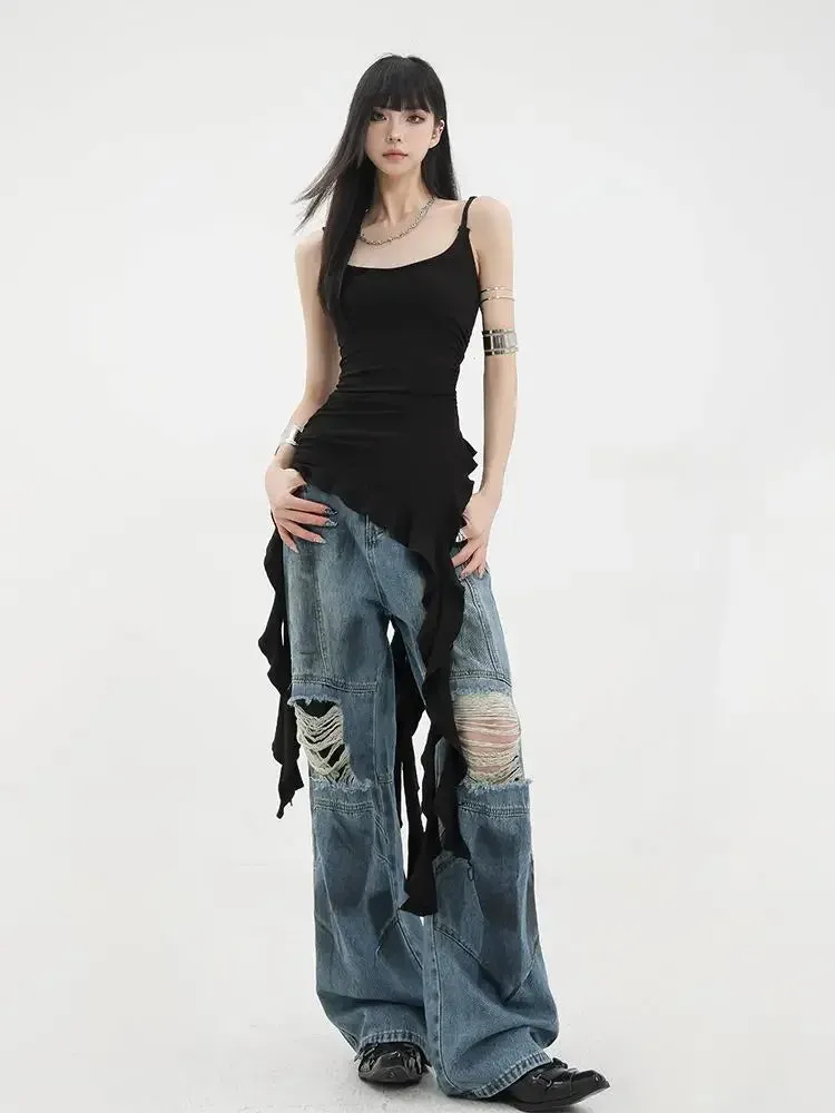 Asymmetrical Black Ruffle Tank Tops Women Y2k Grunge Hotsweet Sexy Elegant Backless Camisoles Korean Streetwear Punk