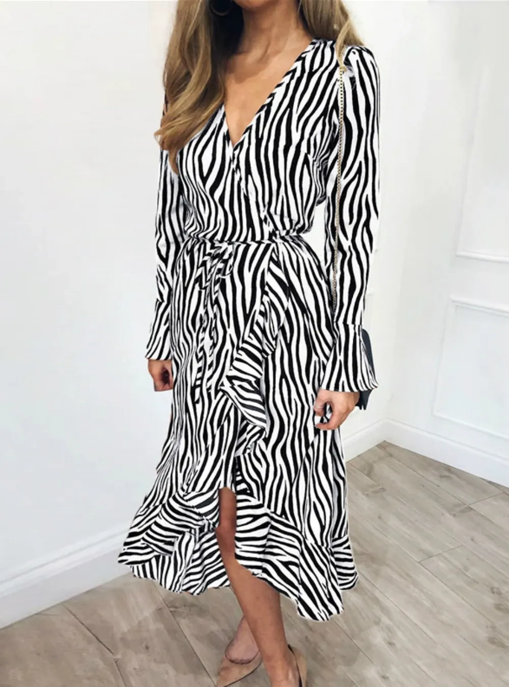 CASUAL LONG SLEEVE V NECK RUFFLES ELEGANT PARTY DRESS