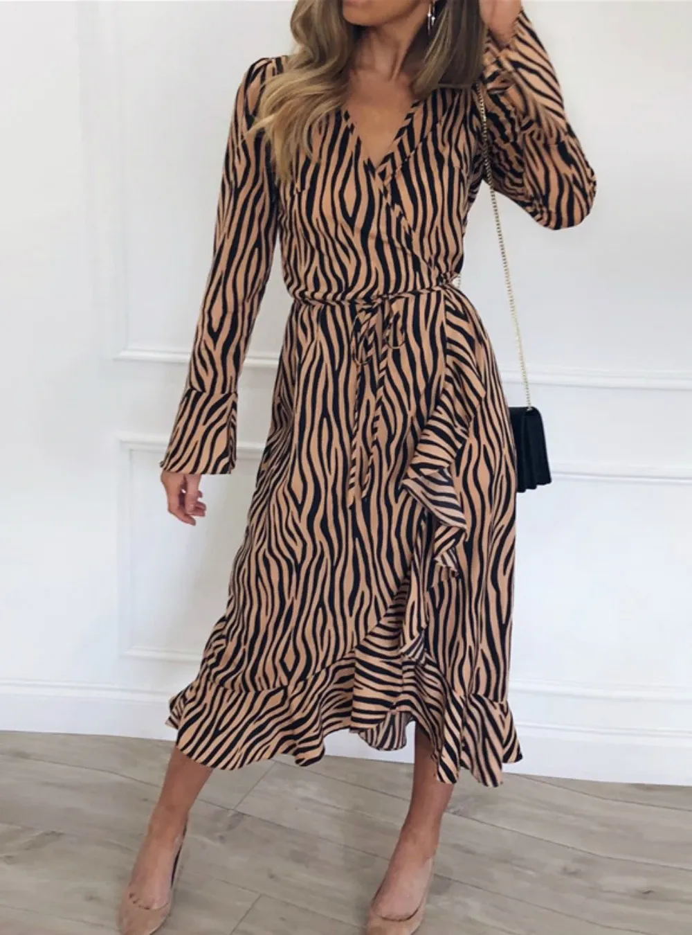 CASUAL LONG SLEEVE V NECK RUFFLES ELEGANT PARTY DRESS