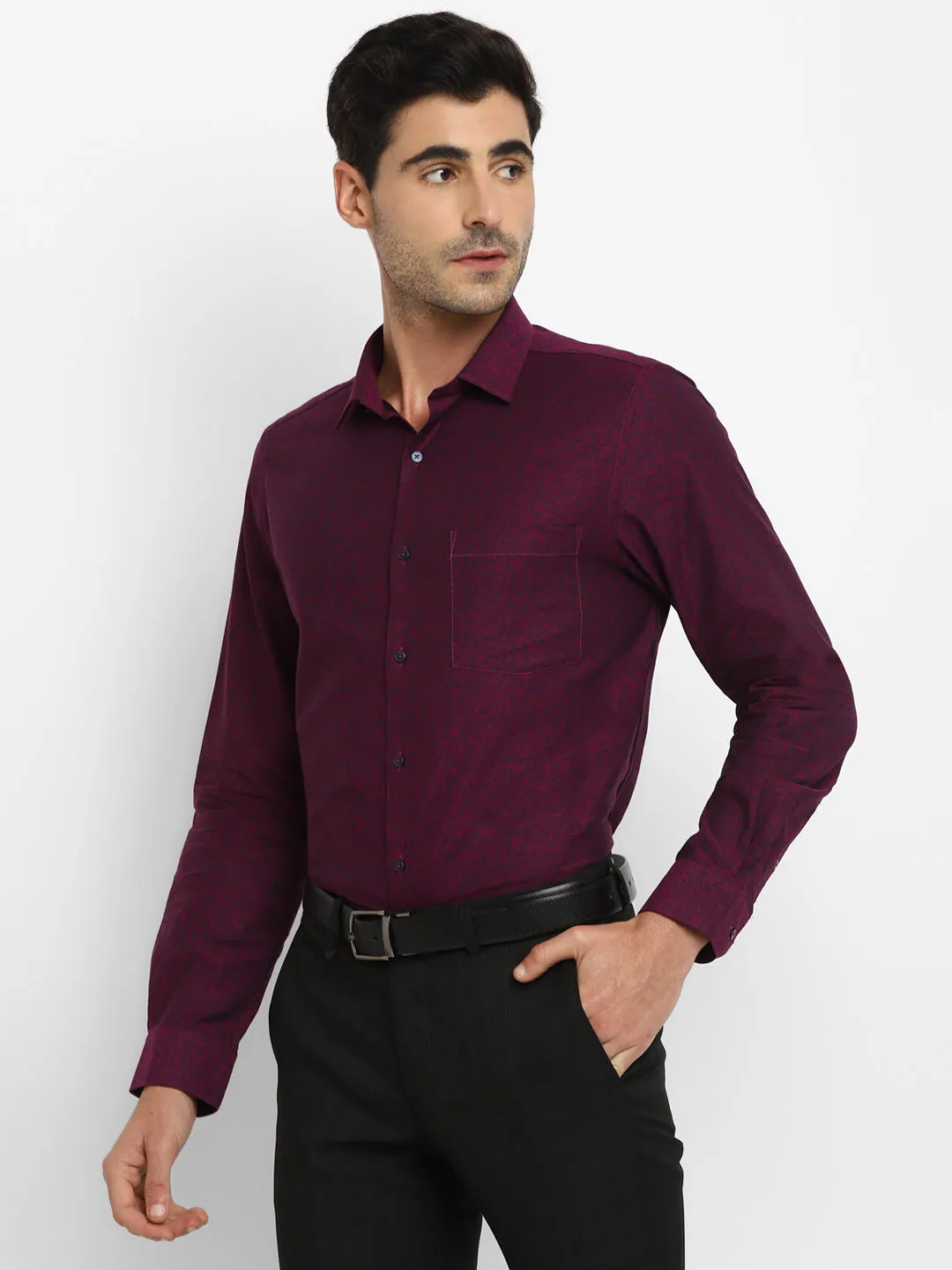 Maroon Cotton Printed Slim Fit Shirts