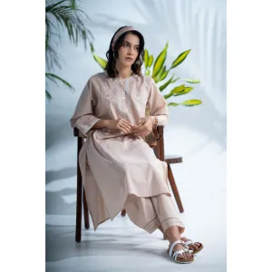 PANTS AND PAJAMAS Hazel Beige Chikankari in Cotton Kurta and Cotton Bottom (Set of 2)