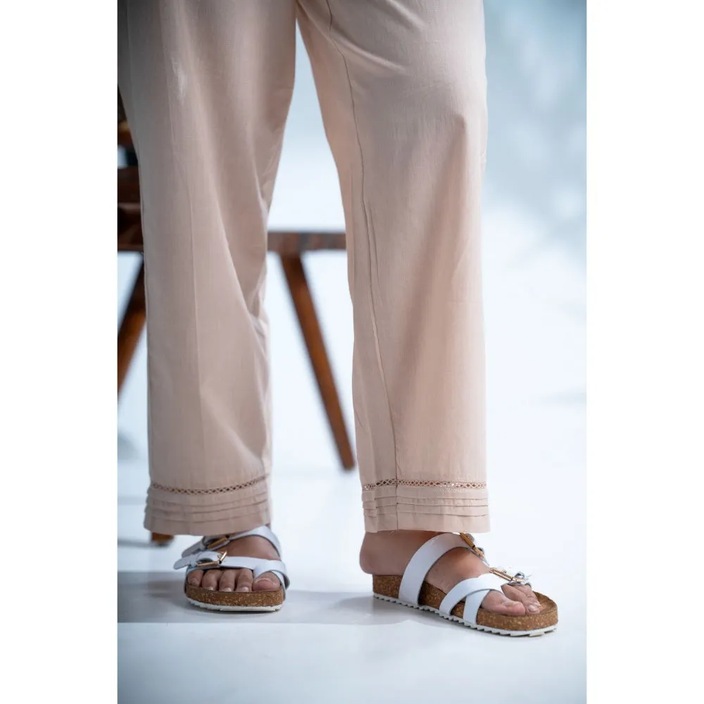 PANTS AND PAJAMAS Hazel Beige Chikankari in Cotton Kurta and Cotton Bottom (Set of 2)