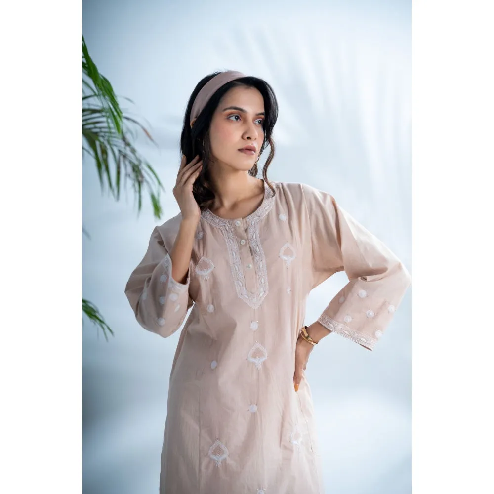 PANTS AND PAJAMAS Hazel Beige Chikankari in Cotton Kurta and Cotton Bottom (Set of 2)