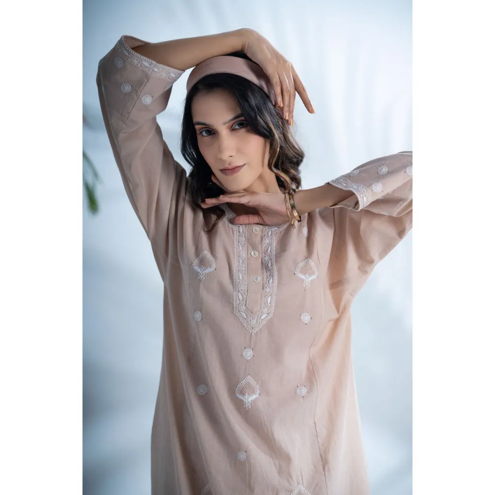 PANTS AND PAJAMAS Hazel Beige Chikankari in Cotton Kurta and Cotton Bottom (Set of 2)