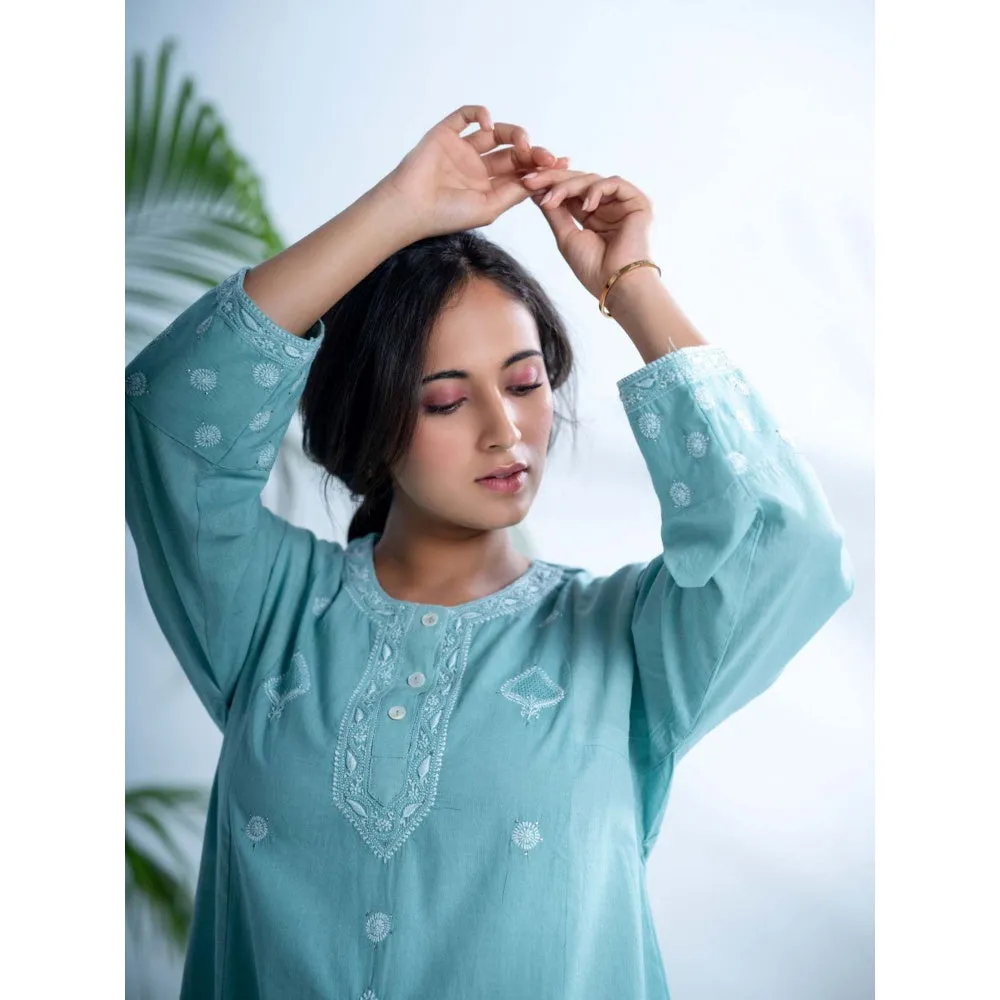 PANTS AND PAJAMAS Misty Aqua Chikankari in Cotton Kurta and Cotton Bottom (Set of 2)