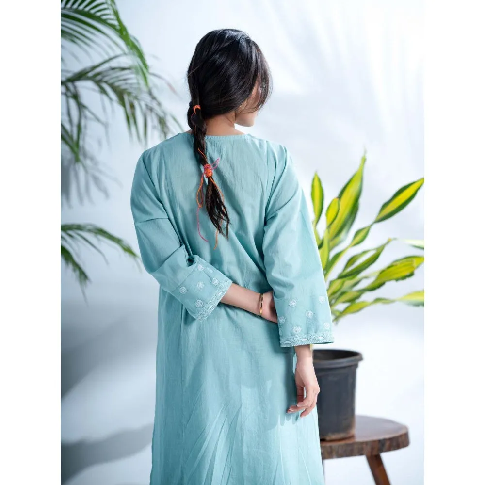 PANTS AND PAJAMAS Misty Aqua Chikankari in Cotton Kurta and Cotton Bottom (Set of 2)