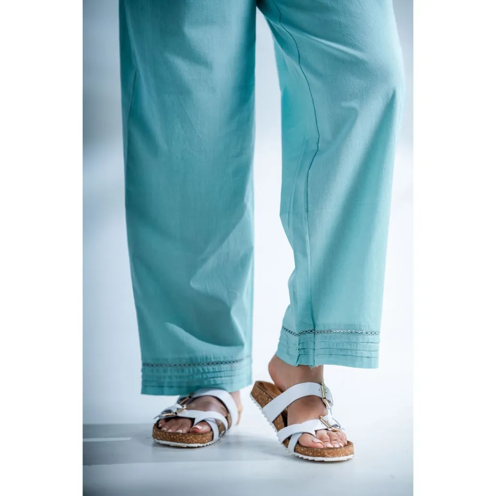 PANTS AND PAJAMAS Misty Aqua Chikankari in Cotton Kurta and Cotton Bottom (Set of 2)