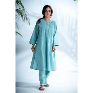 PANTS AND PAJAMAS Misty Aqua Chikankari in Cotton Kurta and Cotton Bottom (Set of 2)