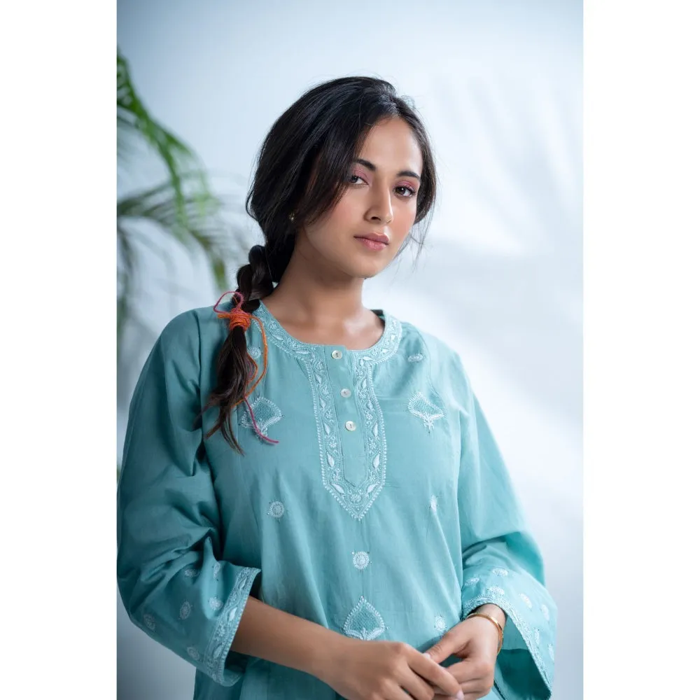 PANTS AND PAJAMAS Misty Aqua Chikankari in Cotton Kurta and Cotton Bottom (Set of 2)