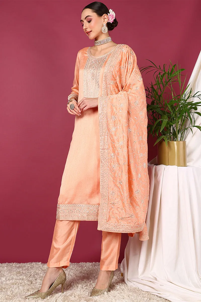 Peach Silk Blend Straight Kurta Pant With Dupatta