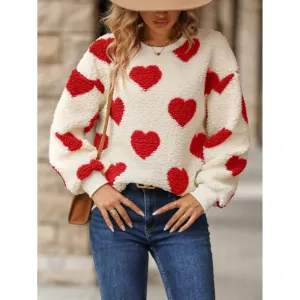 PLUSH LOVE PRINT LOOSE ROUND NECK PULLOVER HOODIE: RED / (XL) 1