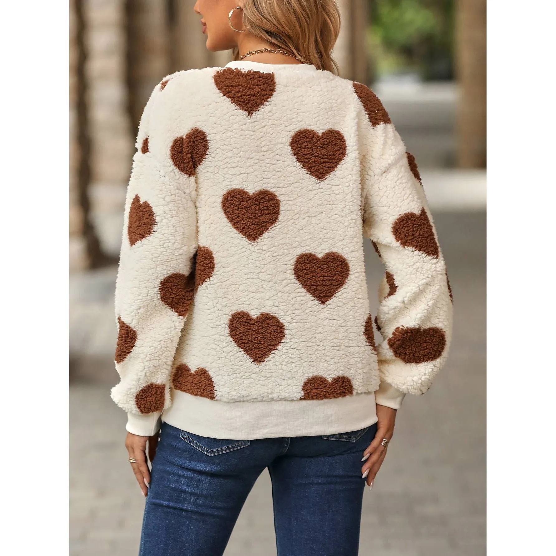 PLUSH LOVE PRINT LOOSE ROUND NECK PULLOVER HOODIE: RED / (XL) 1