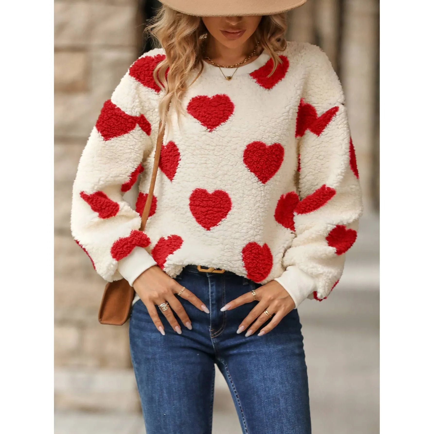 PLUSH LOVE PRINT LOOSE ROUND NECK PULLOVER HOODIE: RED / (XL) 1