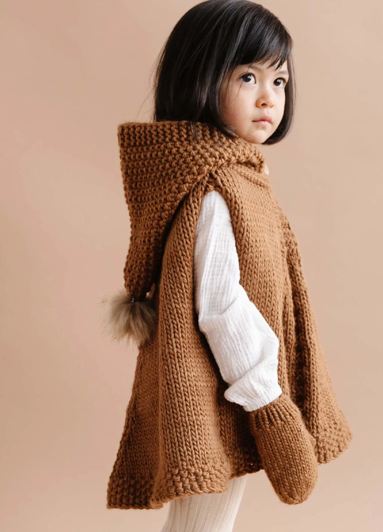 Poncho with Faux Fur Pom in Walnut