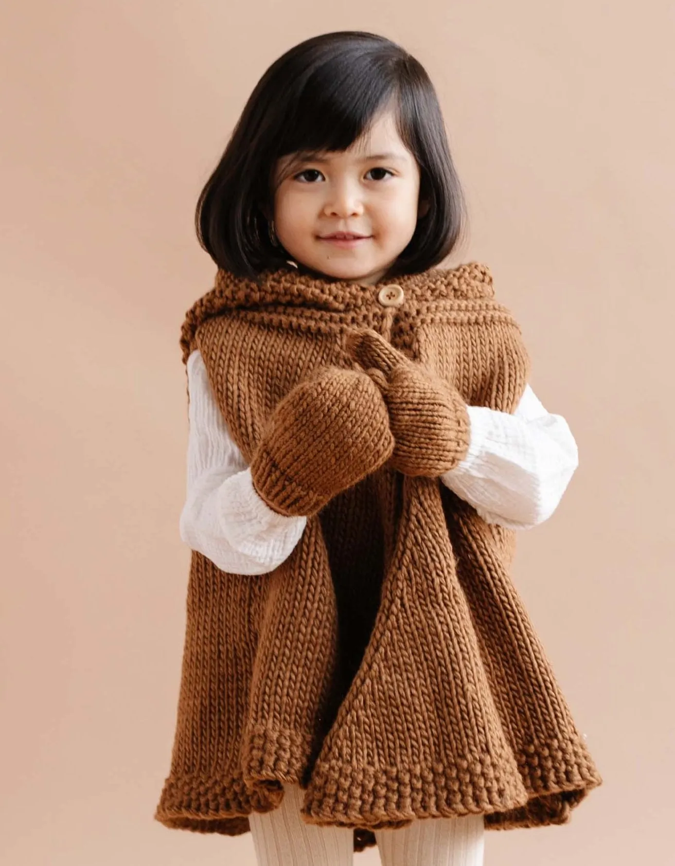 Poncho with Faux Fur Pom in Walnut
