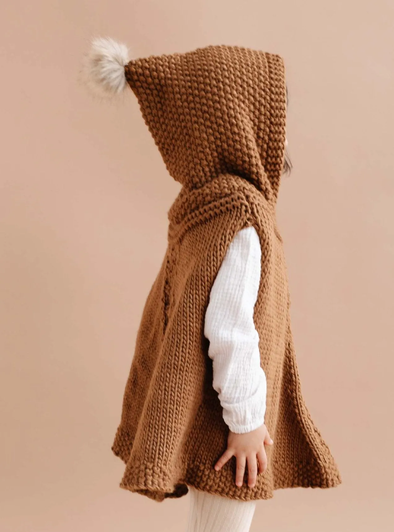 Poncho with Faux Fur Pom in Walnut