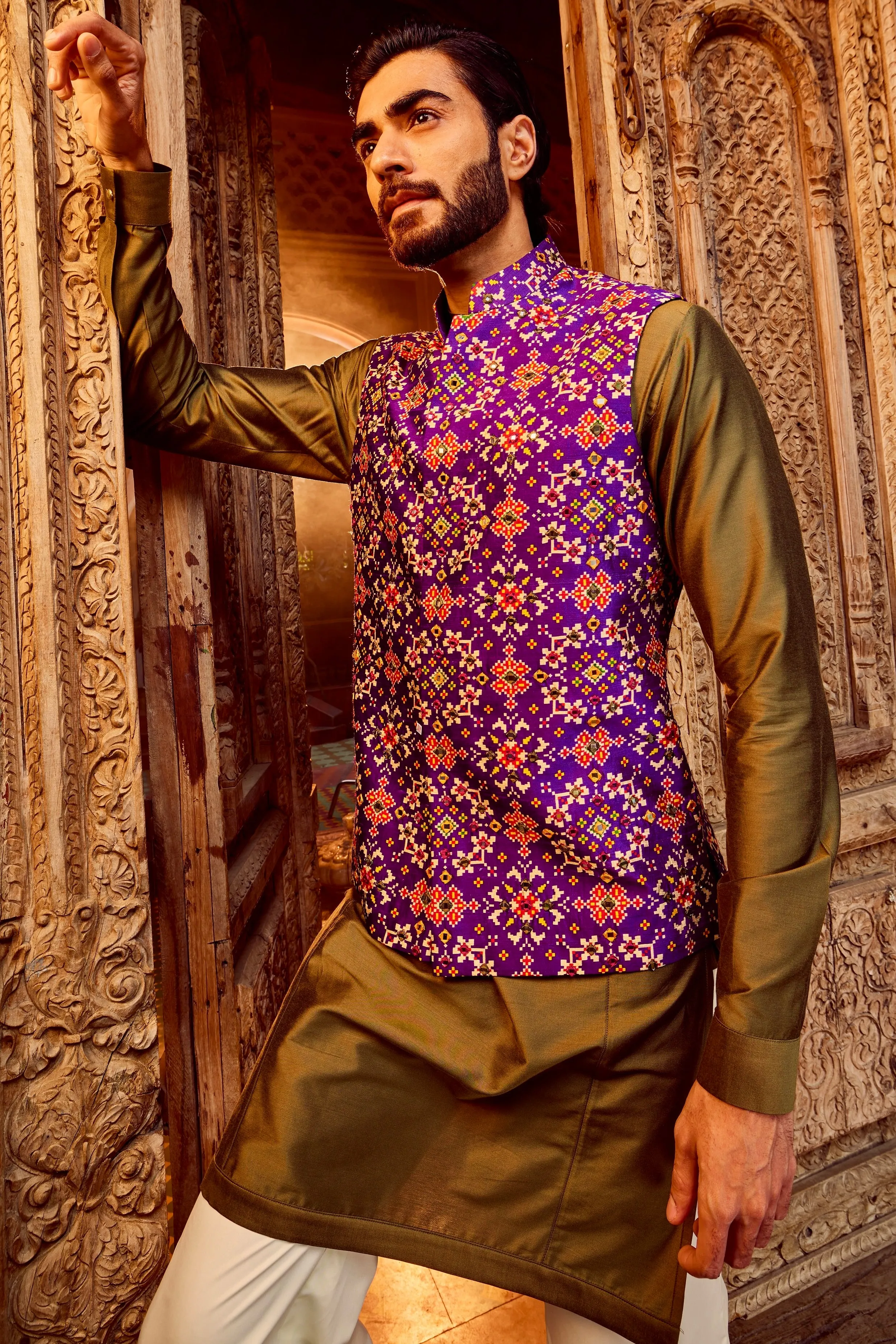 Purple Raw Silk Mirror Embellished Kurta Bundi Set