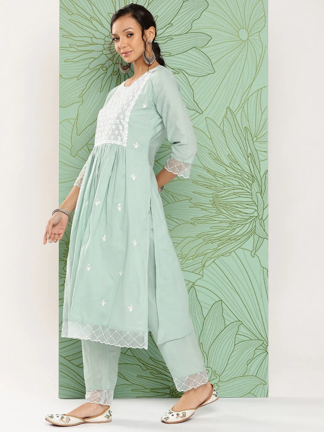 Sea Green Floral Embroidered Cotton Kurta With Dupatta Set