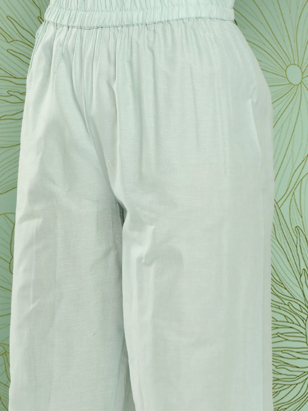 Sea Green Floral Embroidered Cotton Kurta With Dupatta Set