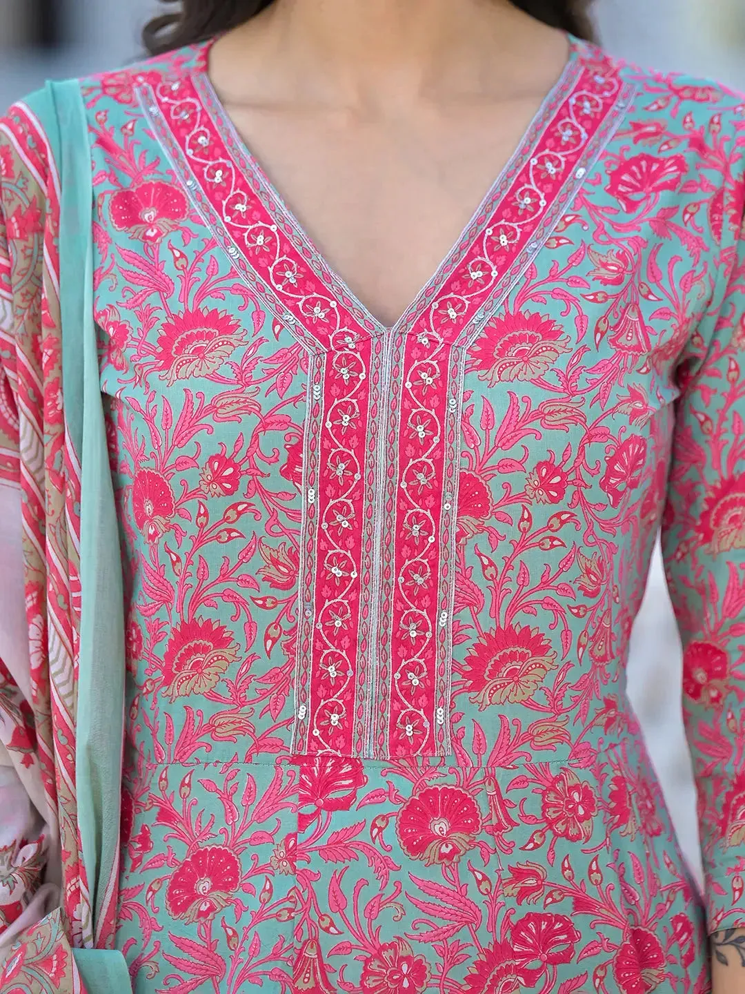 Sea Green Floral Print Anarkali Kurta Trouser And Dupatta Set
