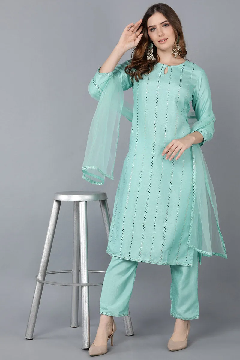 Sea Green Poly Silk Straight Suit Set