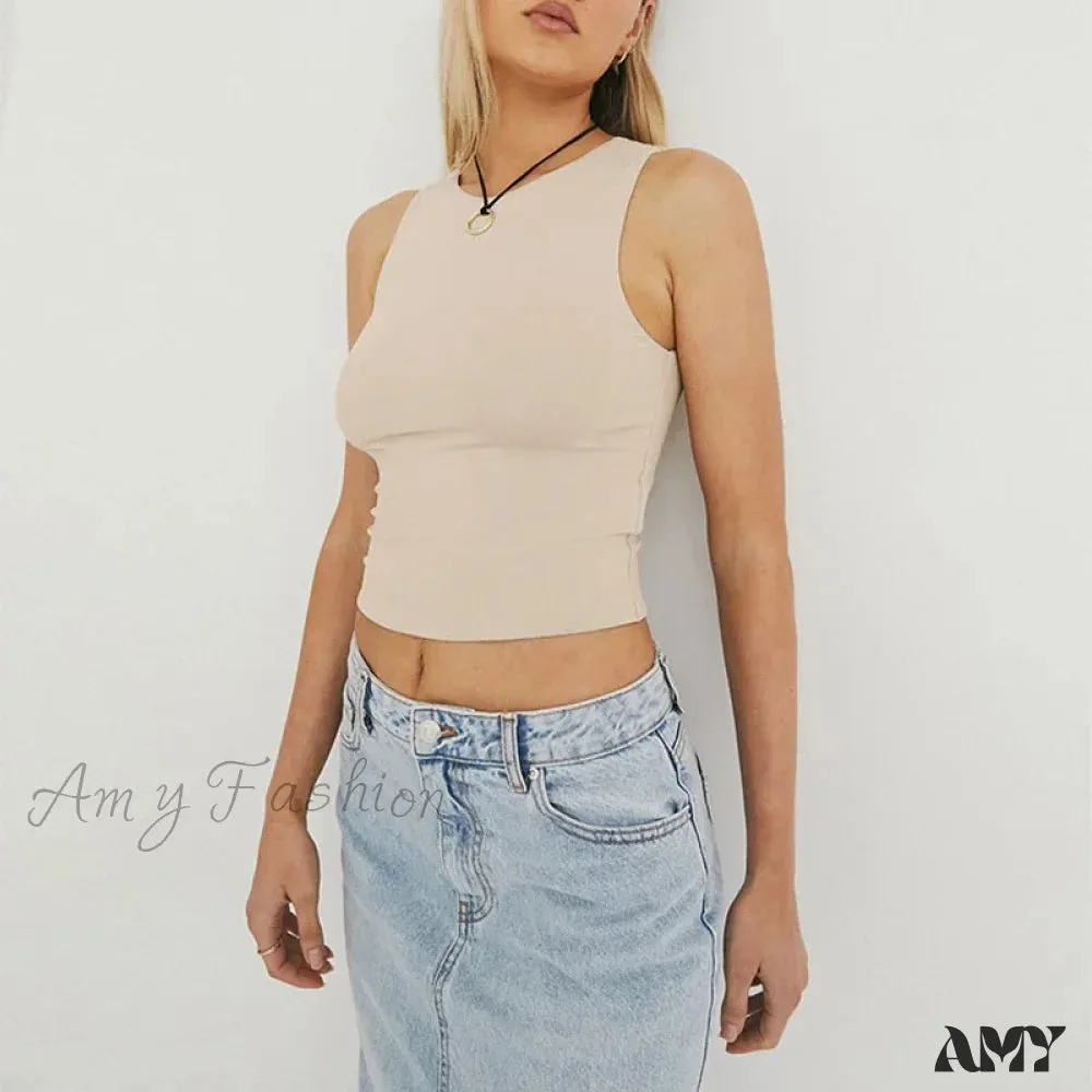 Tight Bottomed Round Neck Sleeveless Racerback Crop Top
