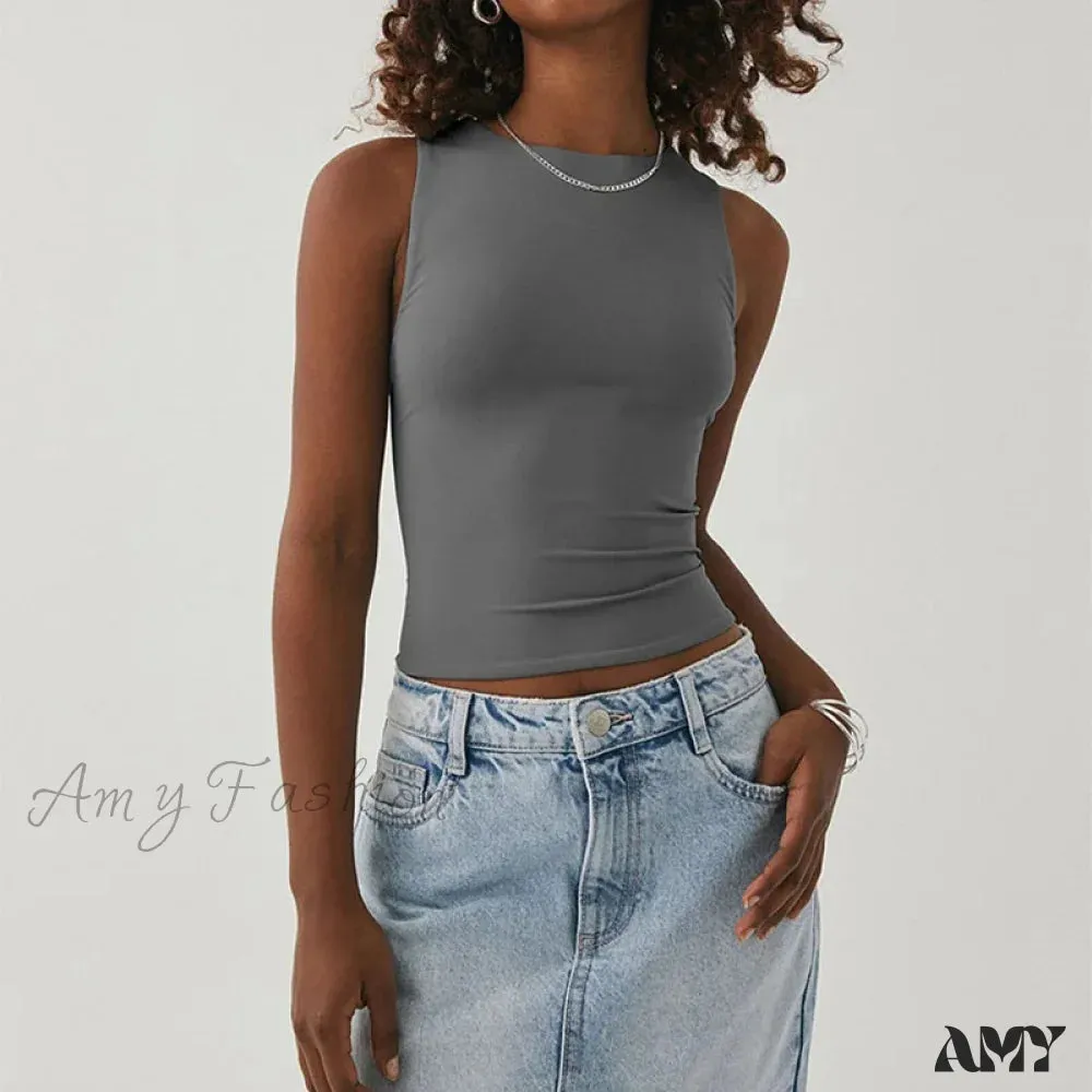 Tight Bottomed Round Neck Sleeveless Racerback Crop Top