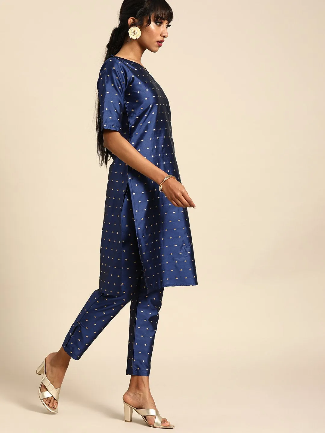 Women Blue Three-Quarter Sleeves Woven Design Straight Silk Blend Brocade Kurta With Trouser And Dupatta