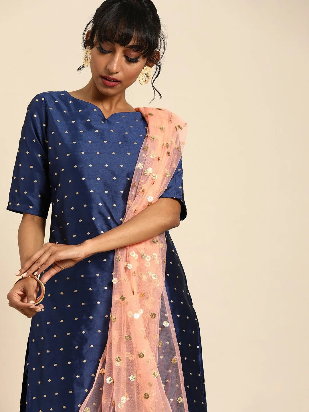 Women Blue Three-Quarter Sleeves Woven Design Straight Silk Blend Brocade Kurta With Trouser And Dupatta