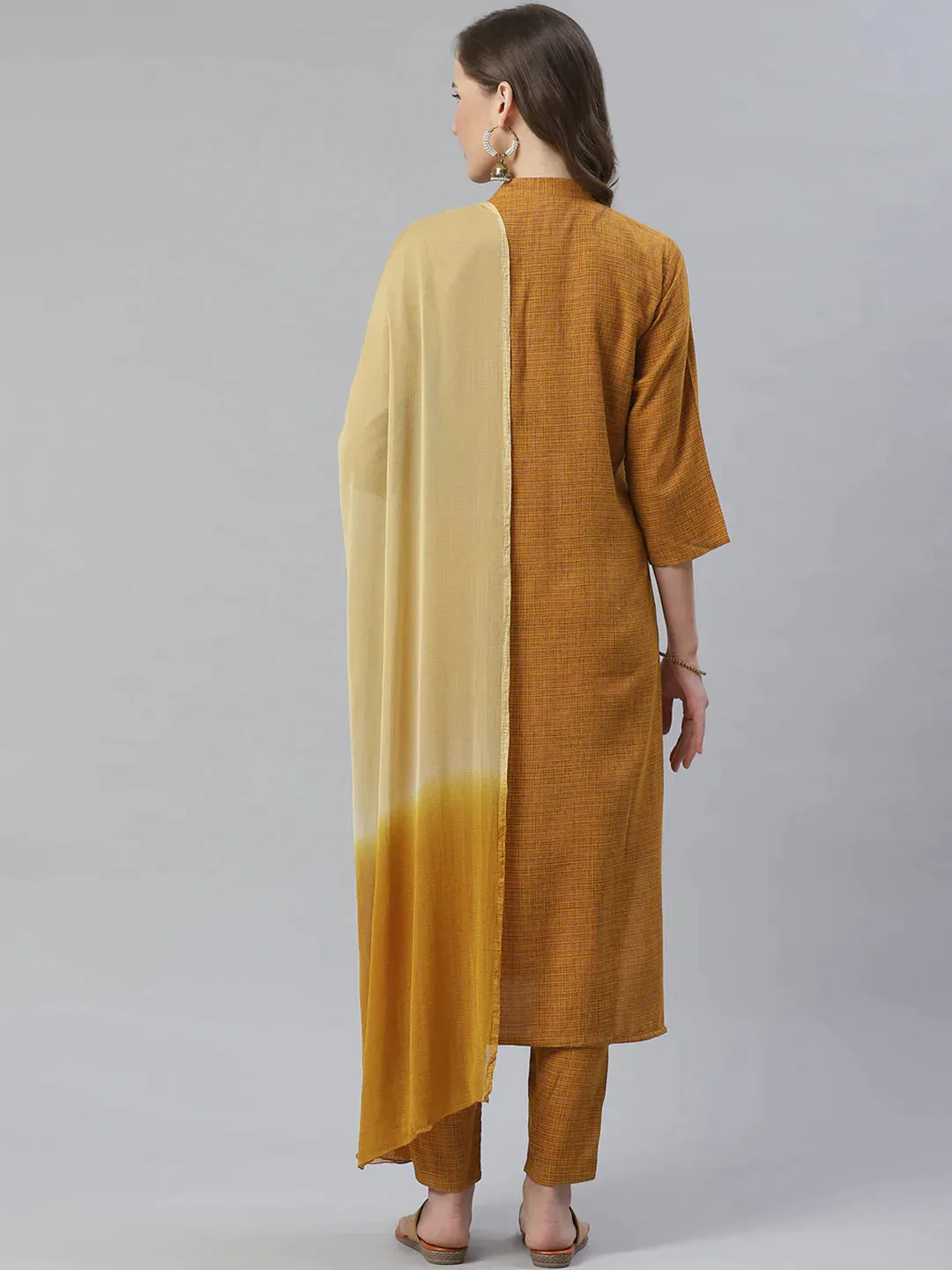 Women Mustard & Beige Self Checked Kurta With Trousers & Dupatta