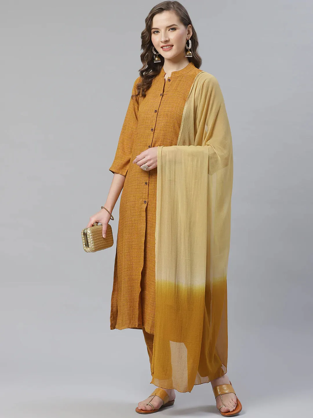 Women Mustard & Beige Self Checked Kurta With Trousers & Dupatta