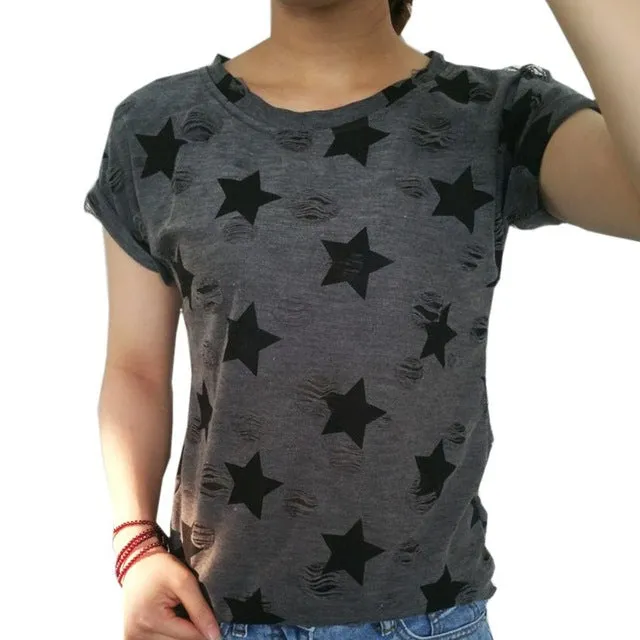 Women Plus Size Printed Hole T-shirt
